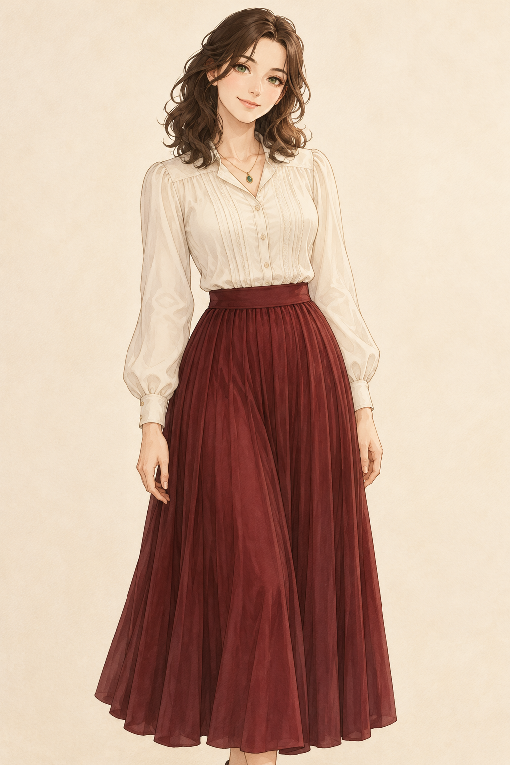 Ilustración original con blusa marfil y falda vino